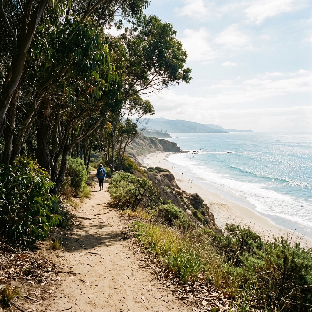 A beautiful Southern California coastal path lined with trees leading to the beach