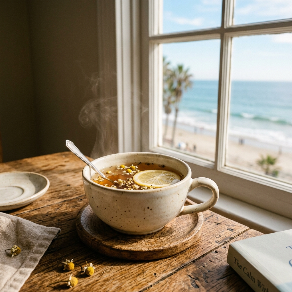 A comforting cup of herbal tea sitting on a table next to a window overlooking a sunny beach scene