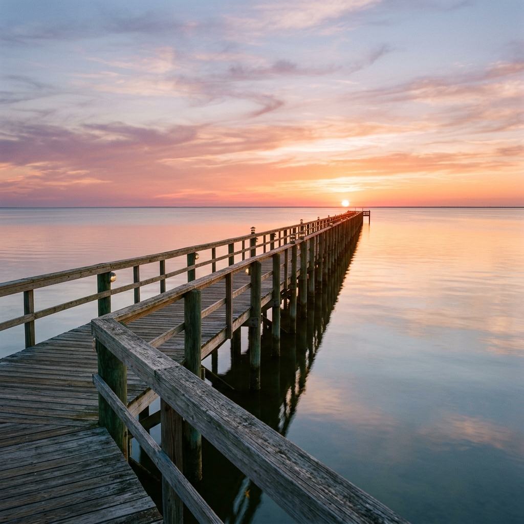 A long wooden pier stretching out over a calm, peaceful sunset ocean, representing a continued journey forward
