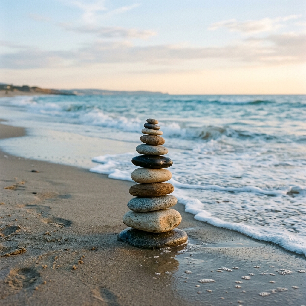 Stacked balanced stones on a beach with gentle waves