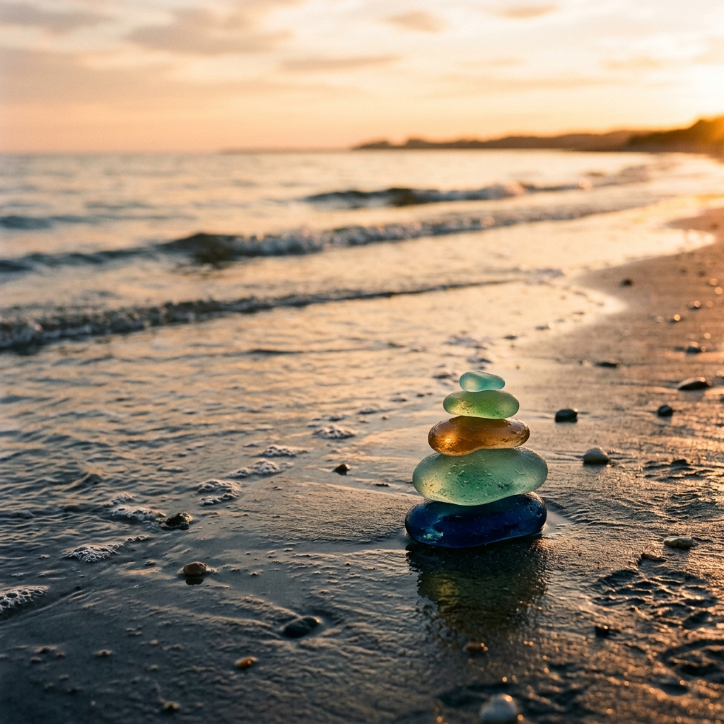 Calm beach shoreline at golden hour with sea-glass rocks in perfect balance