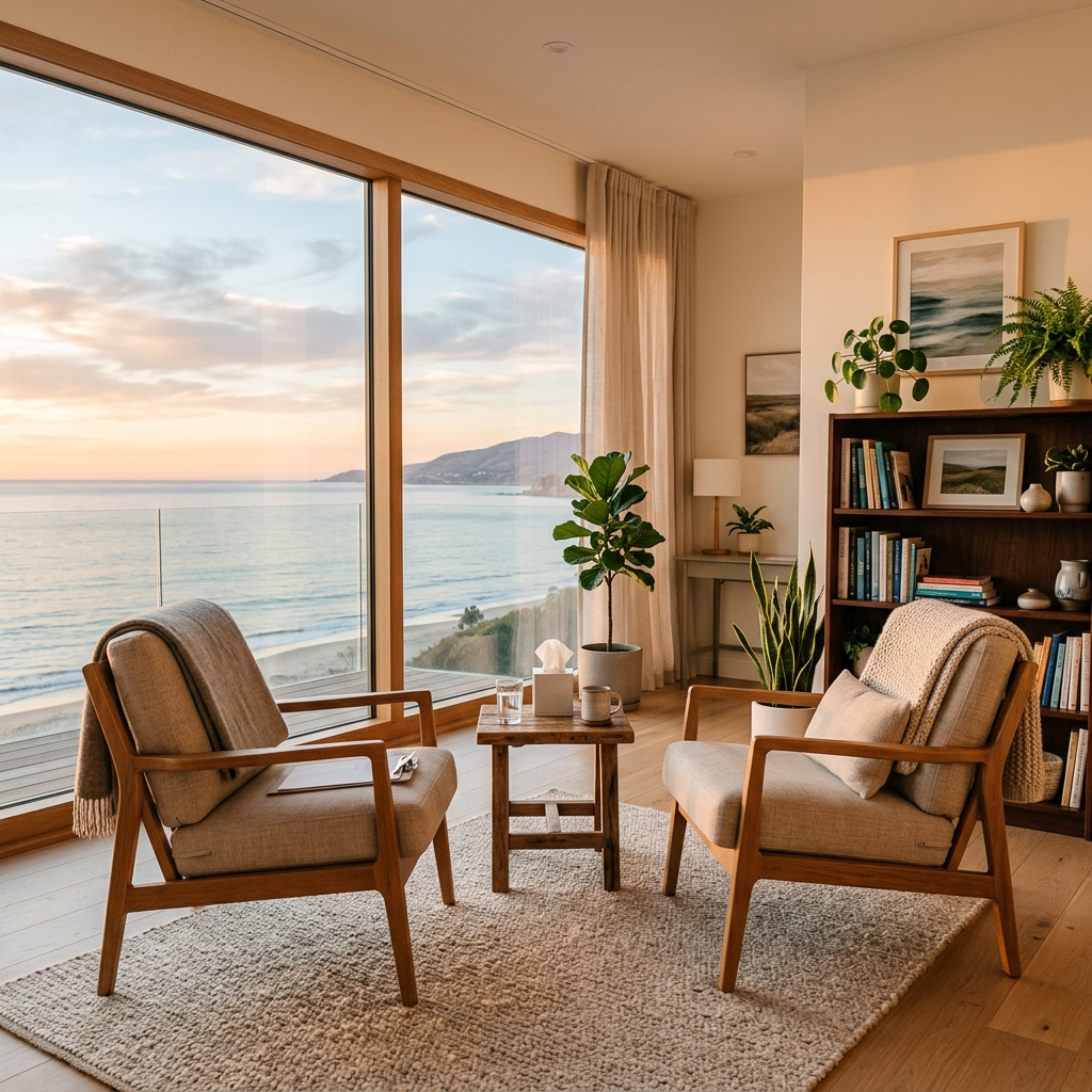 A modern, bright therapy office room with comfortable chairs overlooking the ocean