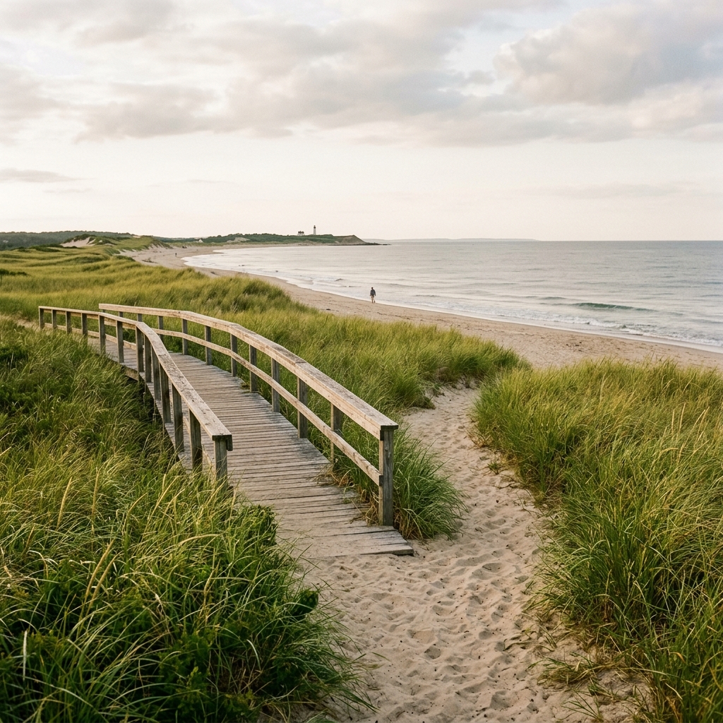 A wooden boardwalk path and a sandy path merging together by green beach grass, with a calm ocean in the distance