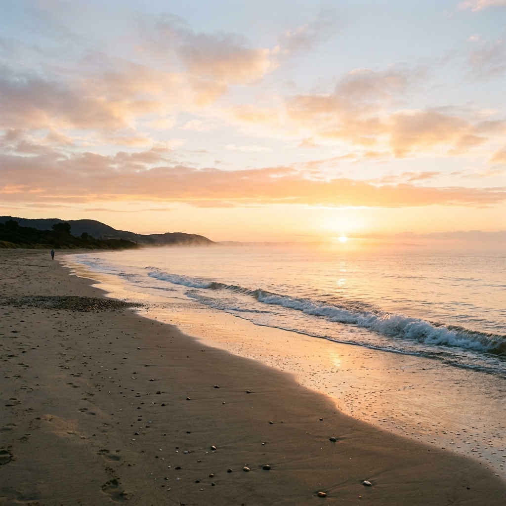 A gentle morning sunrise rising over a calm quiet beach shoreline
