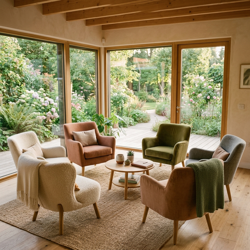 A circular arrangement of comfortable chairs in a bright group room overlooking a calm garden