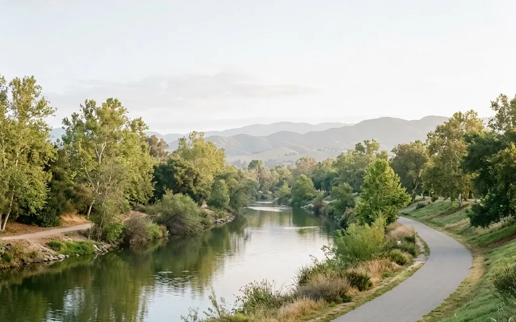 Calm green riverside parkland and rolling foothills near Anaheim under soft morning light