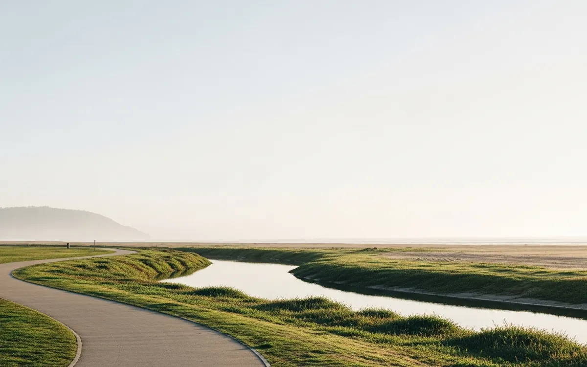 Calm Southern California river trail and open green parkland under soft morning light with wide sky