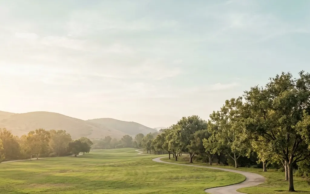 Calm open green parkland and rolling lawns near Buena Park under soft morning light with wide open sky