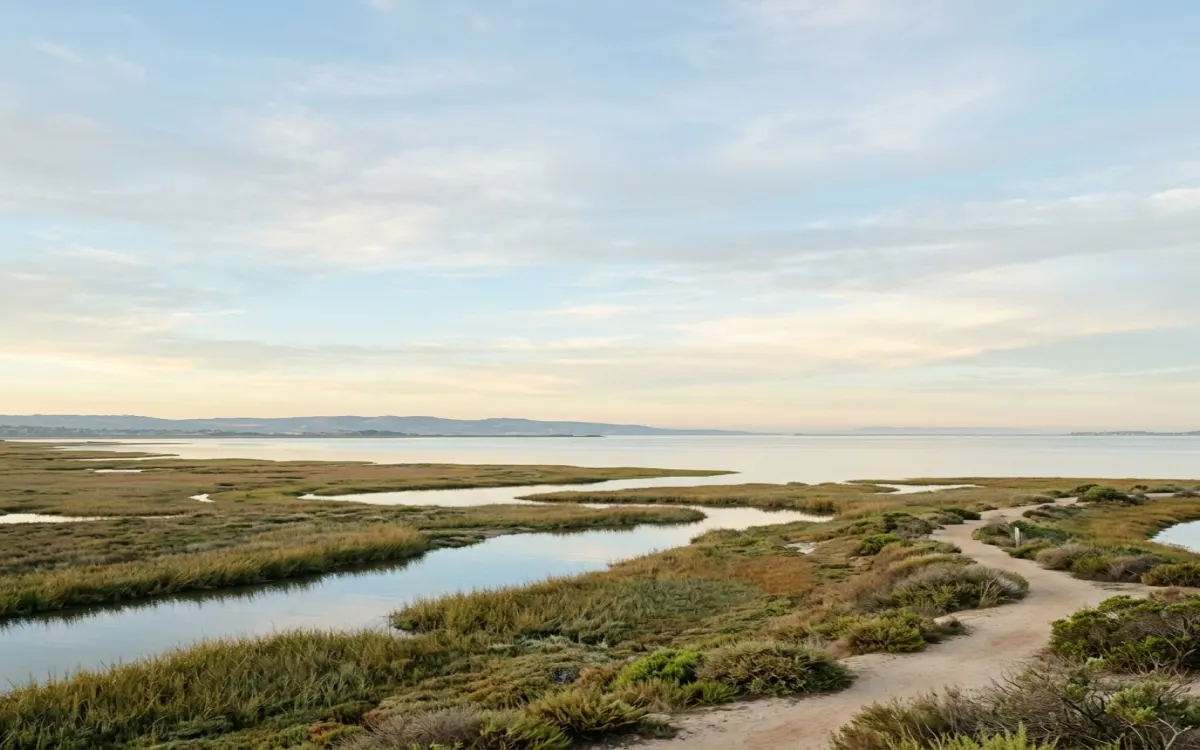 Calm South Bay coastal wetland and open water near Chula Vista under soft morning light with wide sky