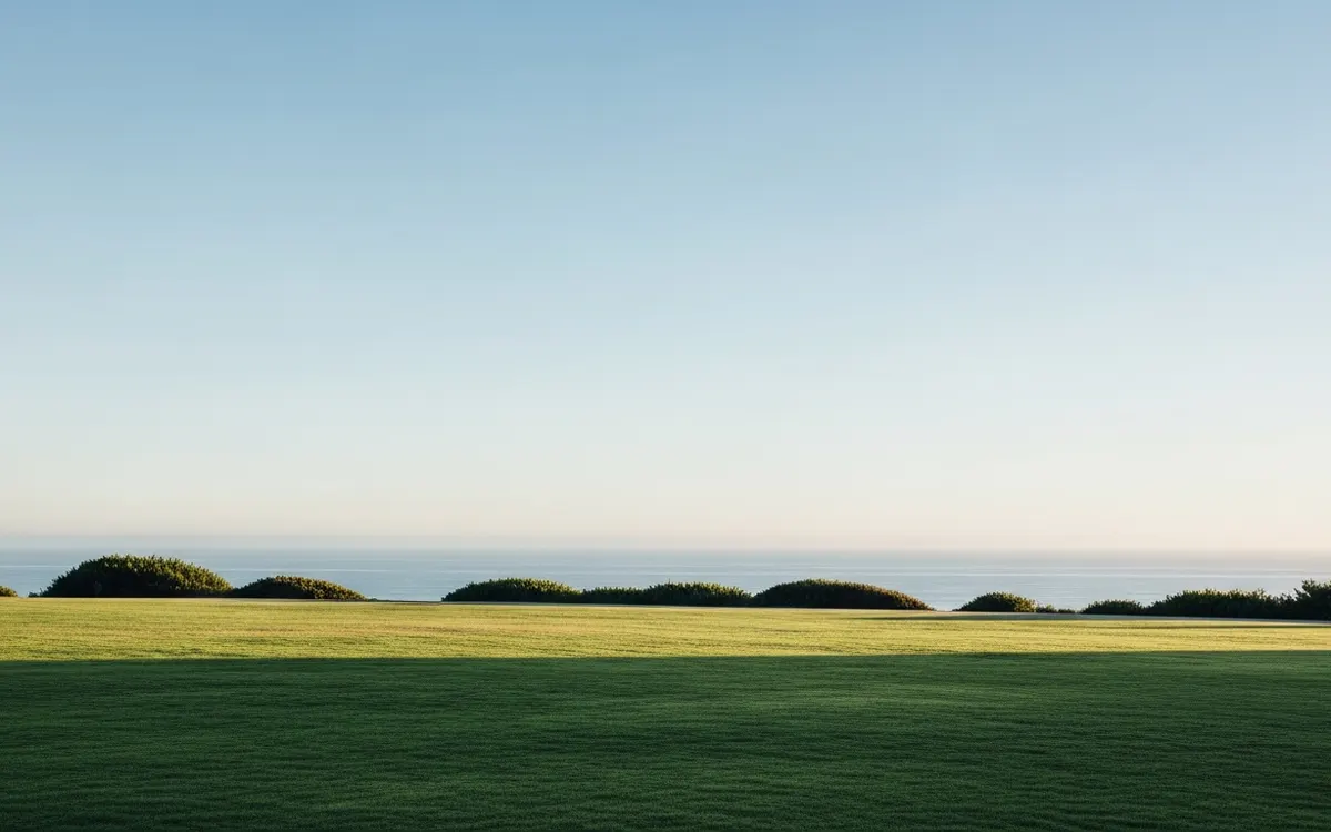 Calm Southern California landscape with open green space under soft morning light and a wide clear sky
