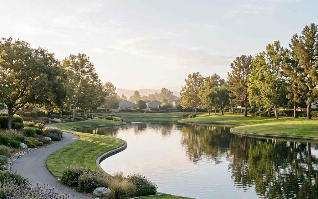 Calm tree-lined neighborhood park and still pond in a master-planned Cypress community under soft morning light with wide open sky