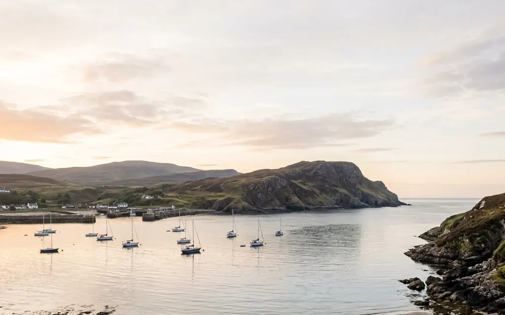 Tranquil Dana Point harbor and headland at soft morning light with open sky
