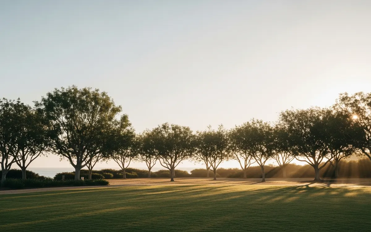 Calm Southern California landscape with open lawn and tree-lined sky in soft morning light