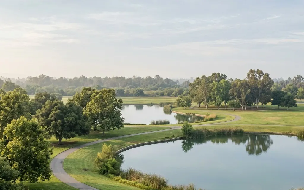 Calm open green parkland with two still lakes and mature trees near Fountain Valley under soft morning light