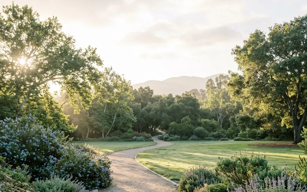 Calm tree-lined arboretum gardens and open green parkland near Fullerton under soft morning light with wide open sky