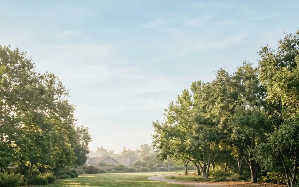 Calm tree-lined neighborhood park and open green space near Garden Grove under soft morning light