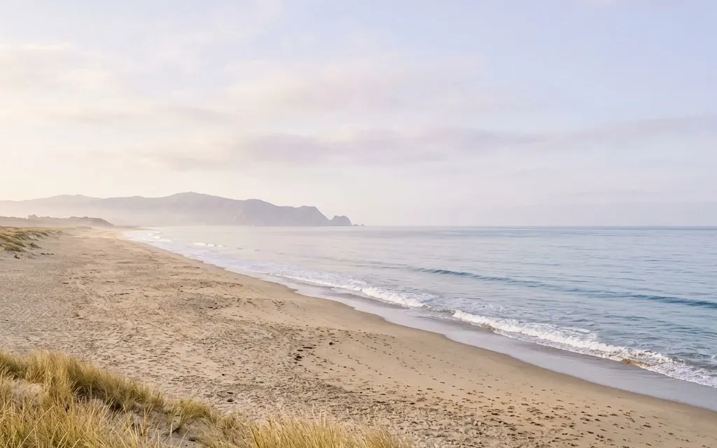 Calm wide Huntington Beach shoreline and dune grass at soft morning light with open sky