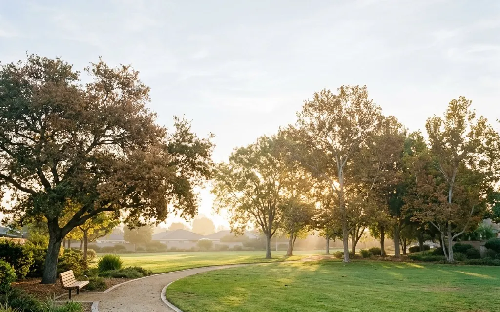 Calm tree-lined neighborhood park and open green civic lawn near La Palma under soft morning light