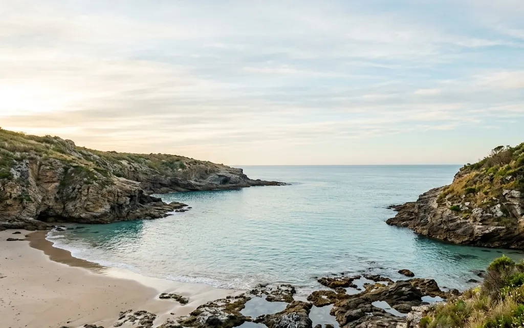 Calm Laguna Beach cove and bluffs at soft morning light with open sky