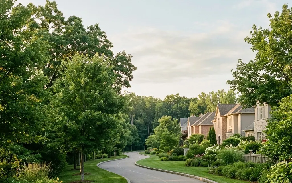 Peaceful mature tree-lined residential greenway in Laguna Woods at gentle light