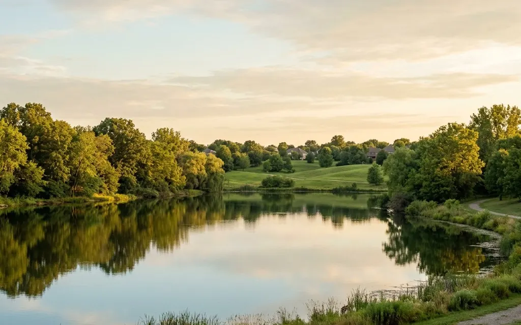 Quiet tree-lined lake and rolling open space near Lake Forest at golden hour