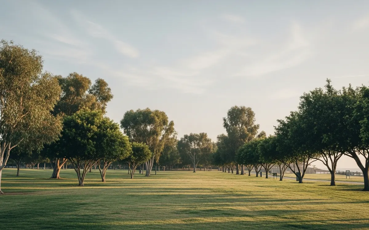 Calm tree-lined Southern California parkland and open lawn near Lakewood under soft morning light with wide sky