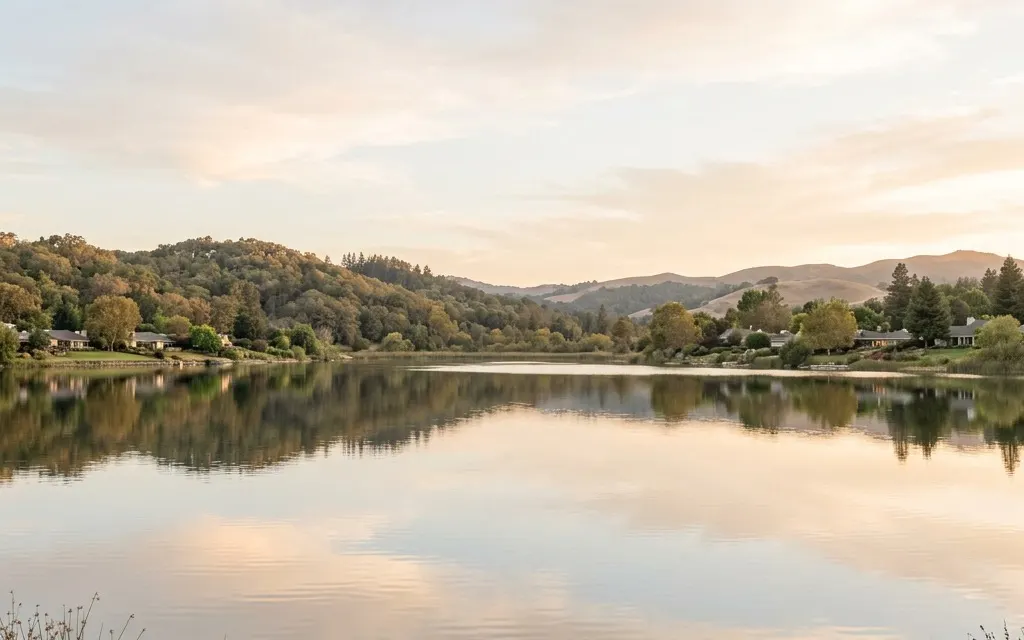 Lake Mission Viejo and surrounding hills on a clear Orange County morning