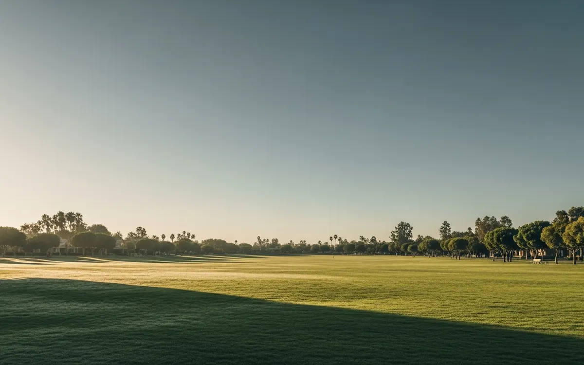 Calm Southern California parkland and open lawn under soft morning light with wide, clear sky