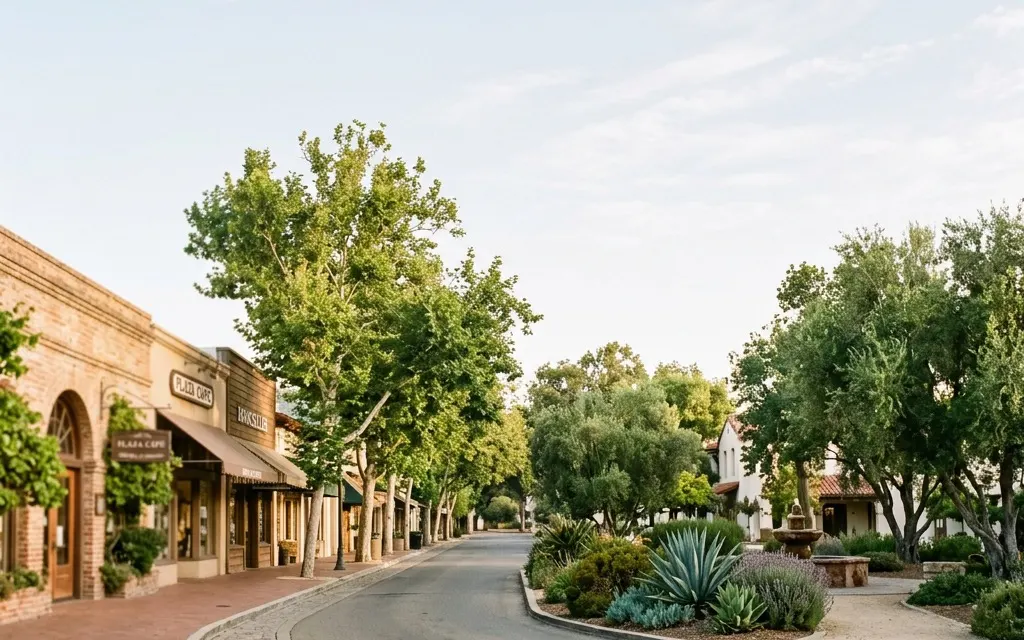 Calm tree-lined historic district streetscape and open plaza green in Orange under soft morning light