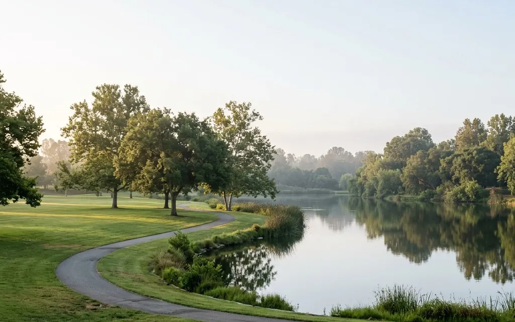 Calm lakeside parkland and mature shade trees near Placentia under soft morning light