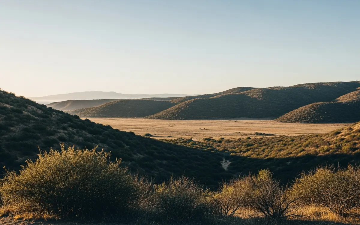 Calm inland San Diego County hillside and open chaparral valley under soft morning light with wide sky