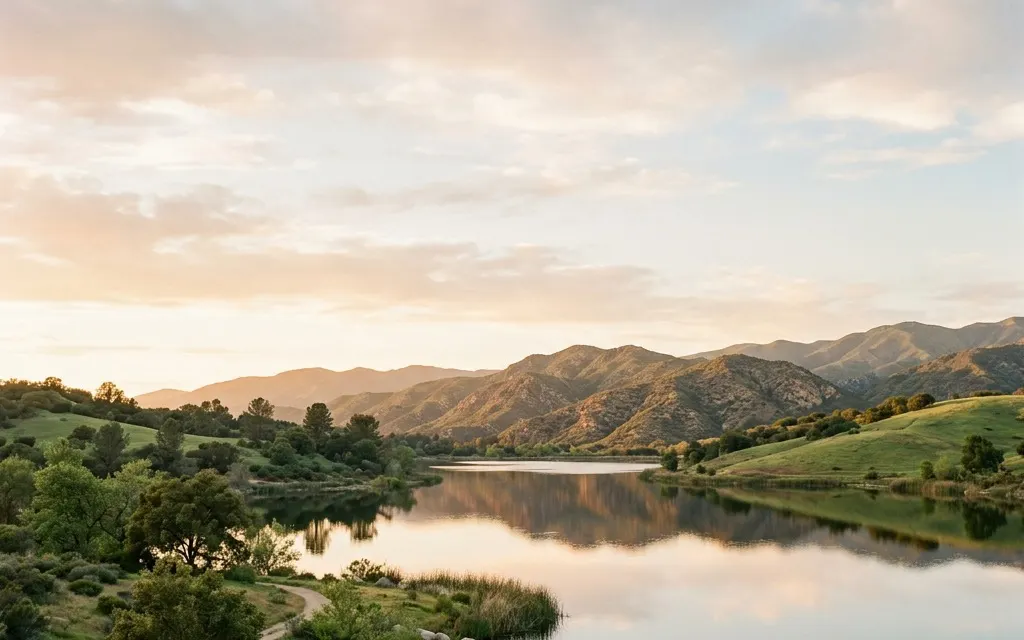Calm foothill lake and parkland in Rancho Santa Margarita at golden hour