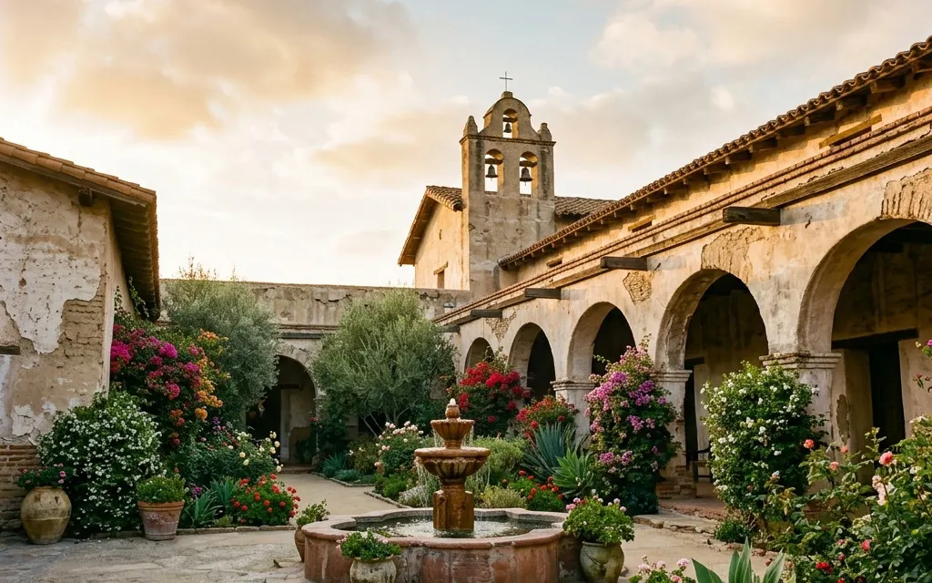 Warm historic adobe courtyard and gardens in San Juan Capistrano at golden hour