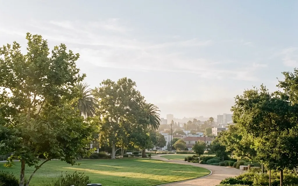 Calm tree-lined urban park and open green space near downtown Santa Ana under soft morning light