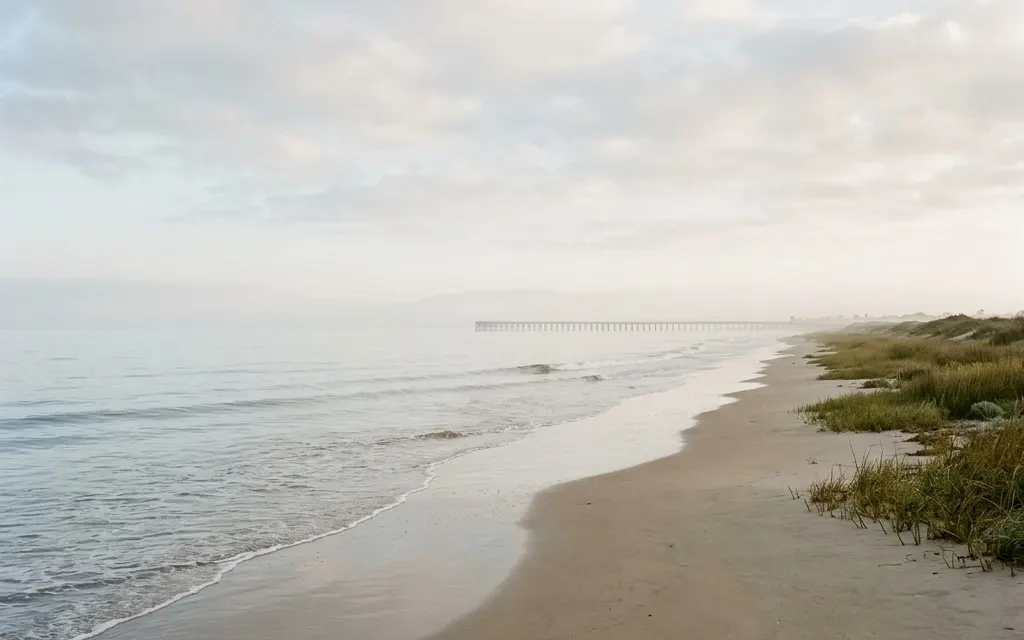 Calm Seal Beach shoreline and gentle pier silhouette at soft morning light with wide open sky