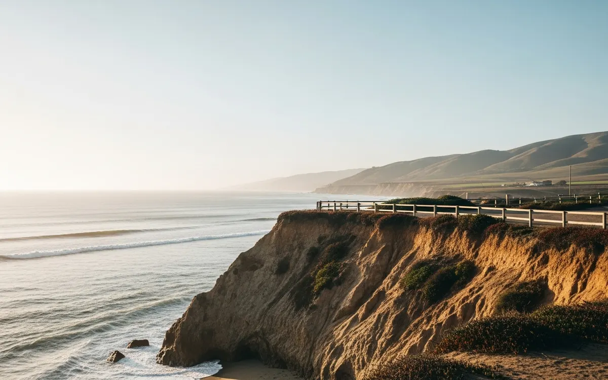 Calm North County coastal bluff and open ocean horizon under soft morning light with wide sky
