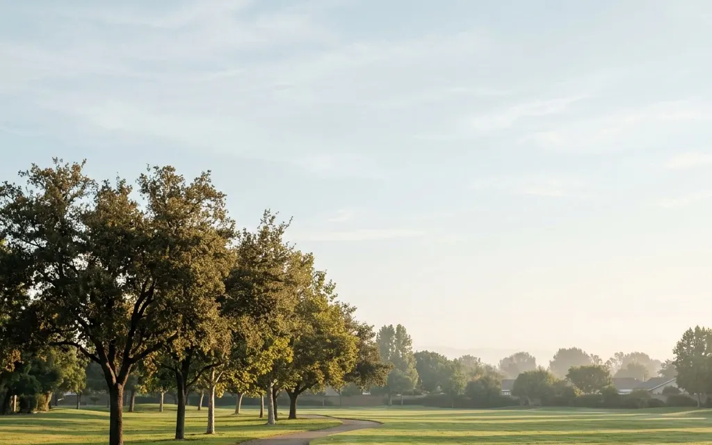 Calm open neighborhood parkland and rolling lawns near Stanton under soft morning light with wide open sky