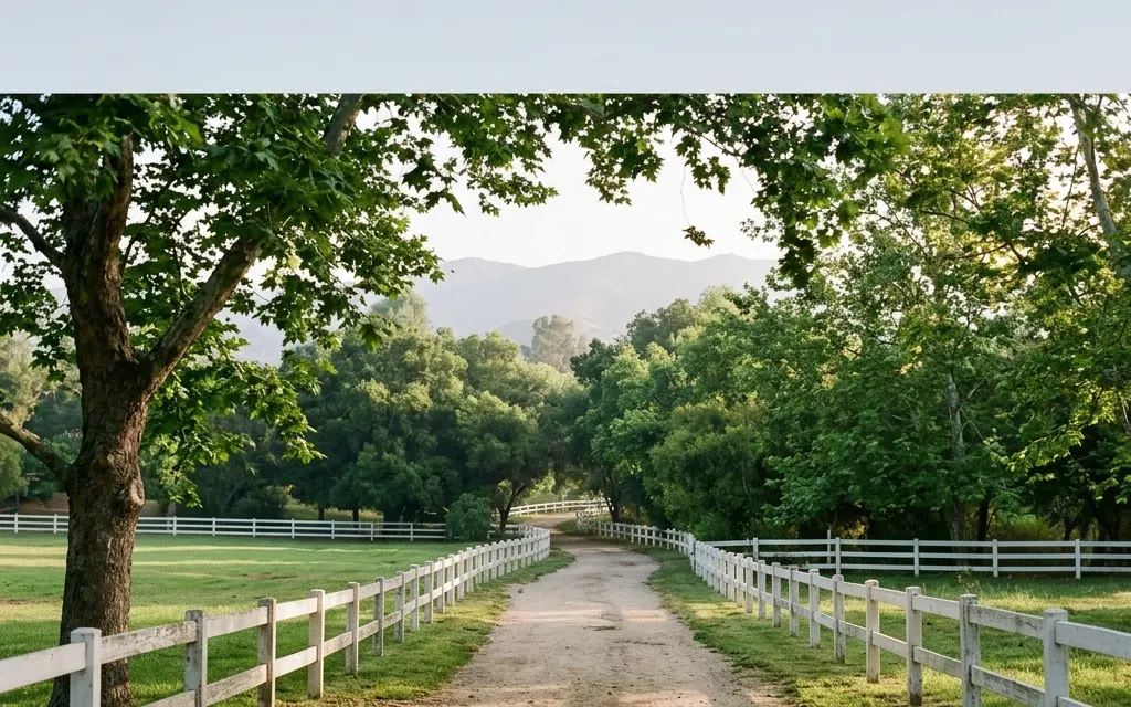 Calm tree-lined equestrian greenbelt trail and large-lot residential greenery near Villa Park under soft morning light