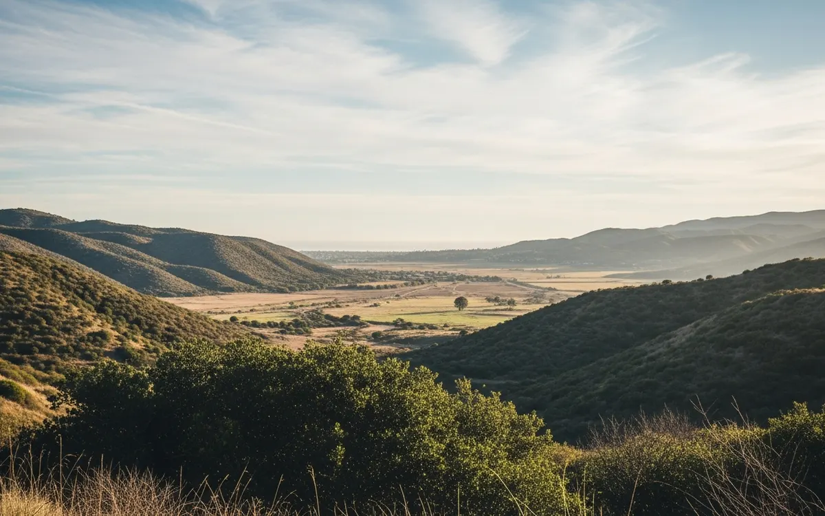 Calm inland North County San Diego foothills and open valley near Vista under soft morning light with wide sky