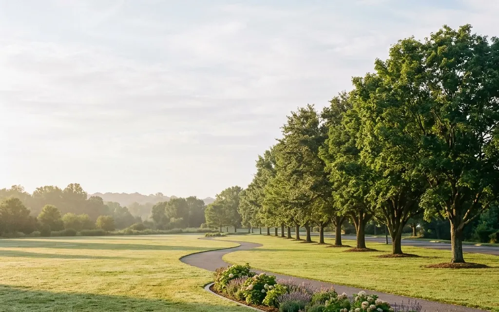 Calm tree-lined neighborhood park and open green space near Westminster under soft morning light