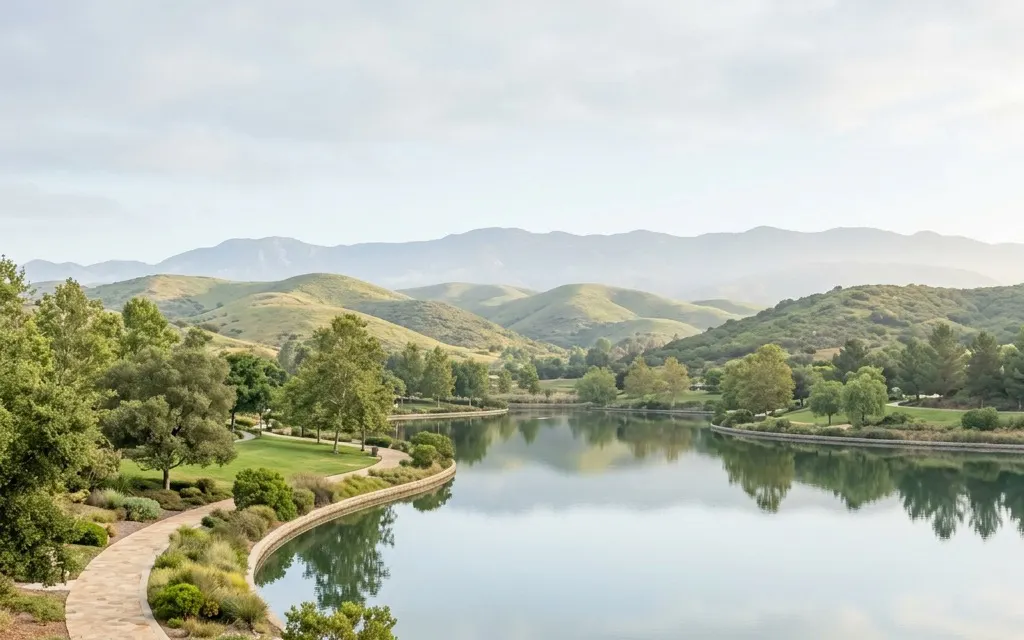 Calm rolling green hills and a still suburban lake in northeastern Orange County near Yorba Linda at soft morning light