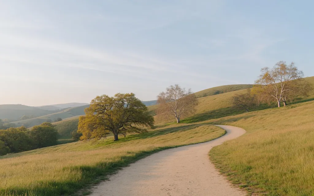 An open trail rising into green hills at bright morning light