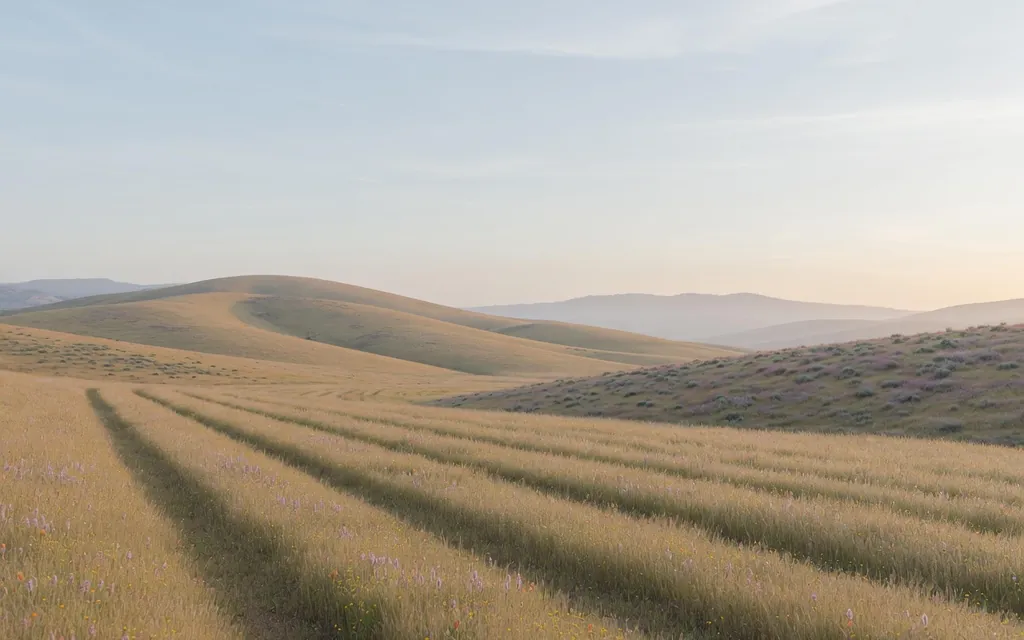 Calm open meadow and soft hills under clear morning light