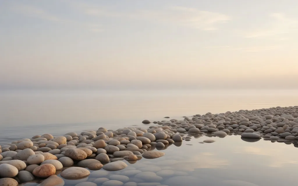 Still water and smooth stones along a quiet shore at gentle morning light