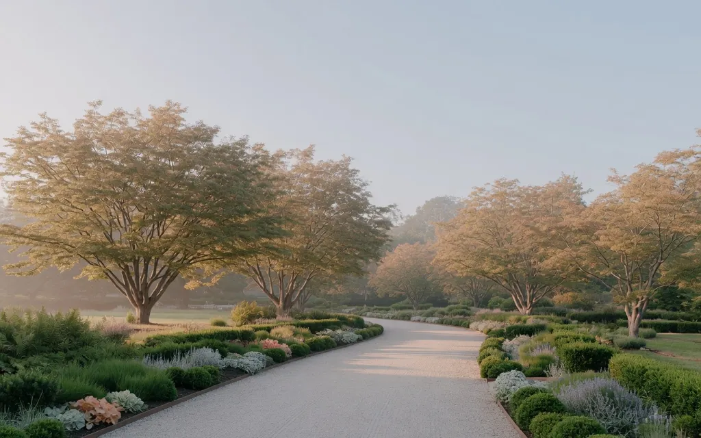 A quiet, ordered garden path under soft morning light