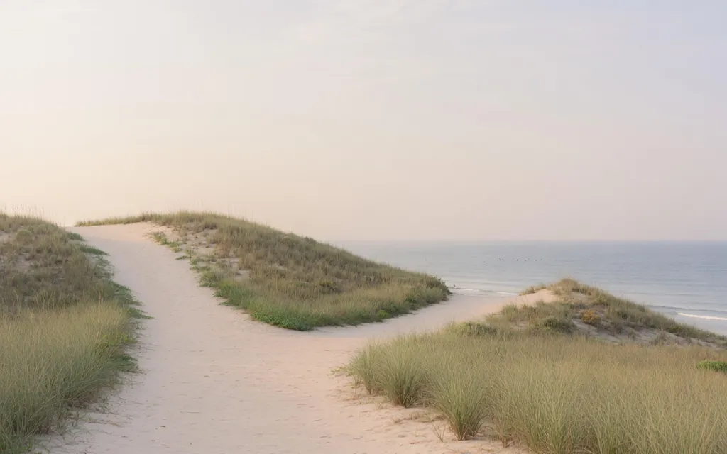 A gently forking coastal path under soft morning light