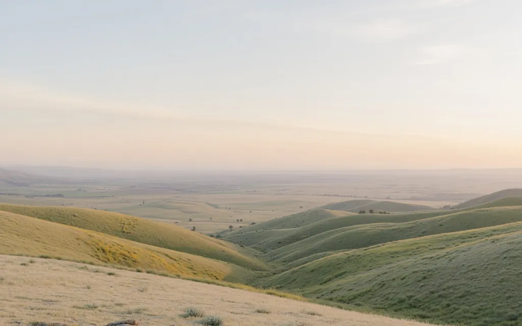 A calm, clear overlook across an open valley at soft morning light
