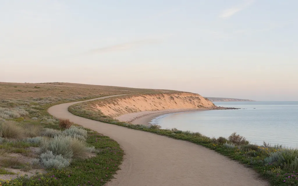A clear, well-marked coastal trail under calm morning light