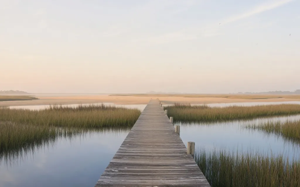 A steady wooden boardwalk crossing calm coastal wetlands at soft morning light