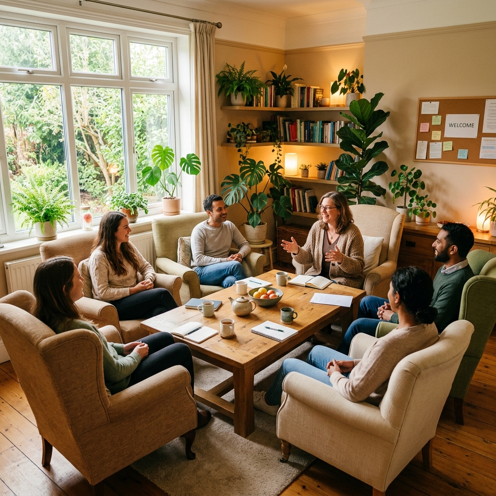 A cozy, sunlit clinical group meeting room with comfortable armchairs and natural wood tables